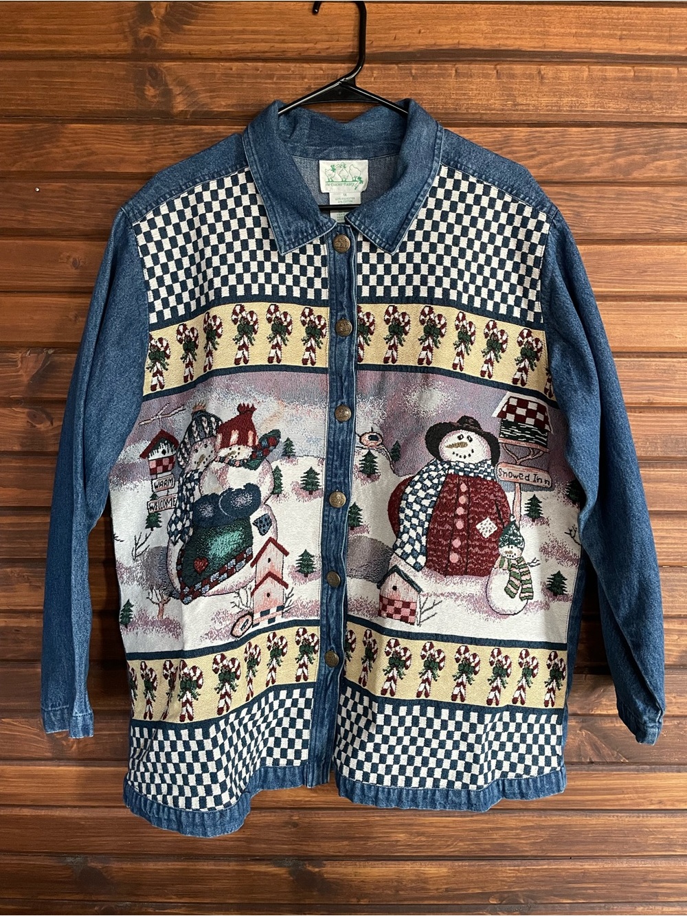 Vintage Quacker Factory Snowmen Tapestry Denim Jacket, size 1X
